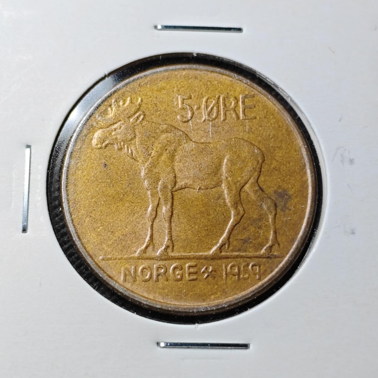 KK钱币收藏小铺  第361场  2月预留时间 周末发货  1959挪威5欧尔铜币 动物版