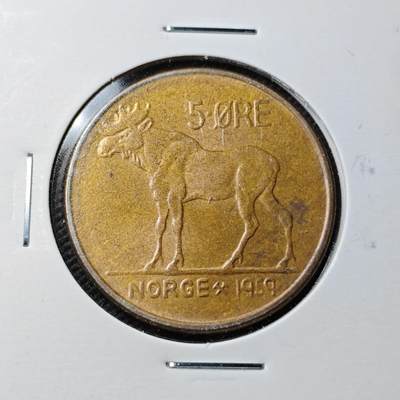 KK钱币收藏小铺  第361场  2月预留时间 周末发货 -  1959挪威5欧尔铜币 动物版