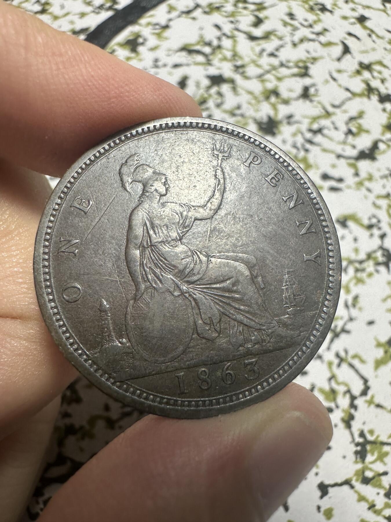 外国钱币，章 极美品！1863年英国维多利亚女王一便士铜币