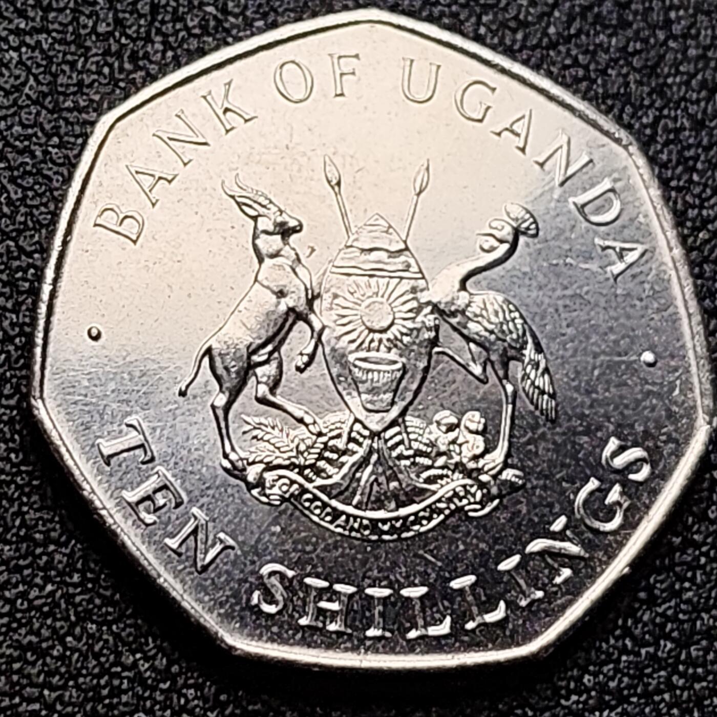 泉币菌-第121场-精品福利场 少见 UNC品质 皇冠鹤和羚羊 乌干达10先令硬币 1987年 直径26MM 七边形币 