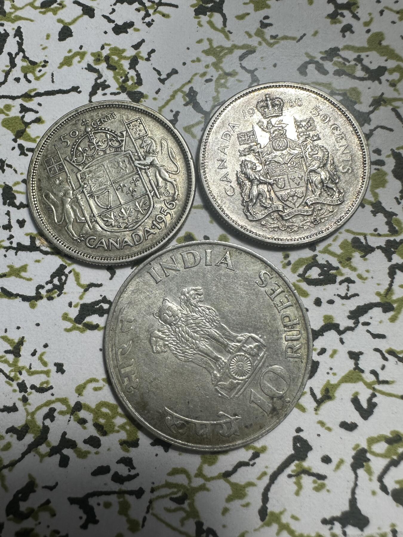 外国钱币，章 加拿大50分银币，印度甘地10卢布银币，0.8成银，38.3g