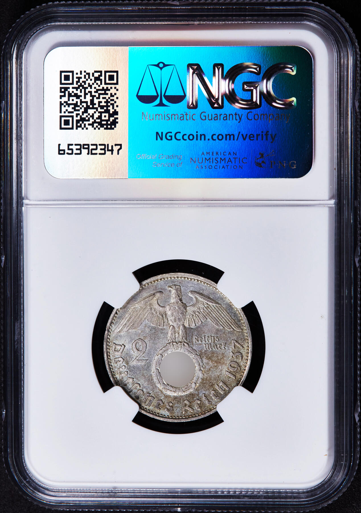 【俄甄集藏】2025年(044)11-12星期三晚 19:30 全场包邮 德国第三帝国1937年E版2马克银币，NGC MS63，原味转光，底板凝霜，原图联系客服