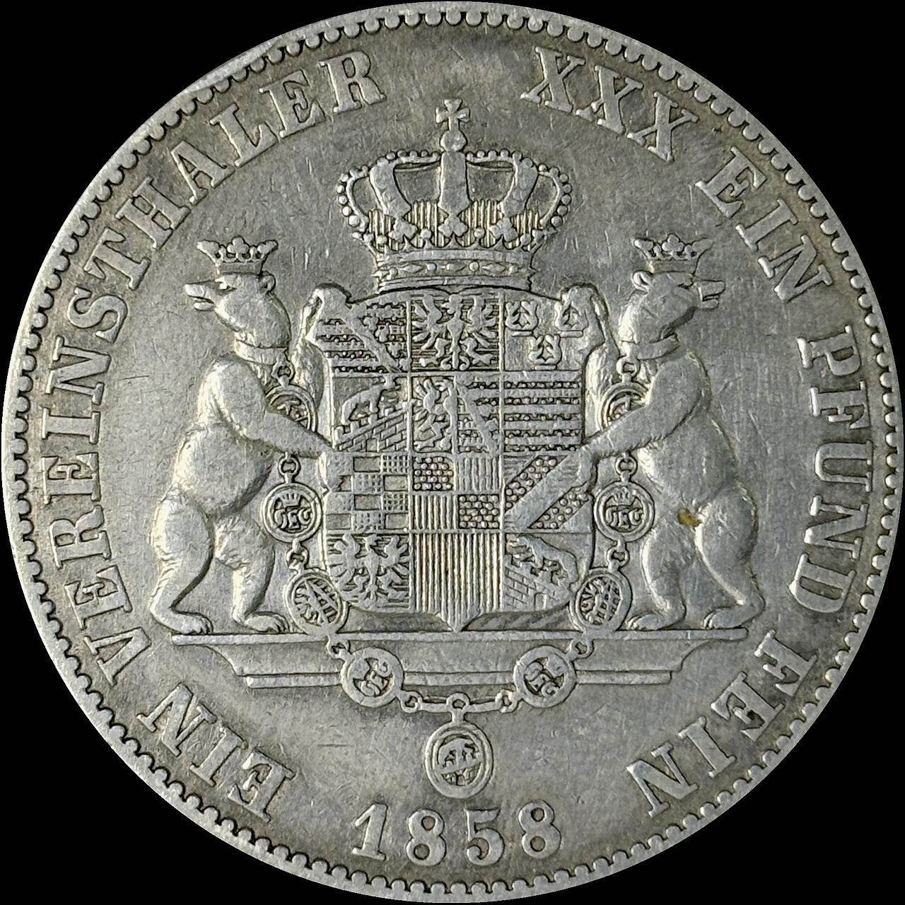 【雨安】【世界币章112-113期】周五/周六 两场连拍 2025-10-31 周五 19:30 保真 8秒倒数自动落锤 高效拍卖  [裸币德国] Germany 德国 德意志 1泰勒 Anhalt-Dessau安哈特 Thun.009 KM#0014 1858年 双熊