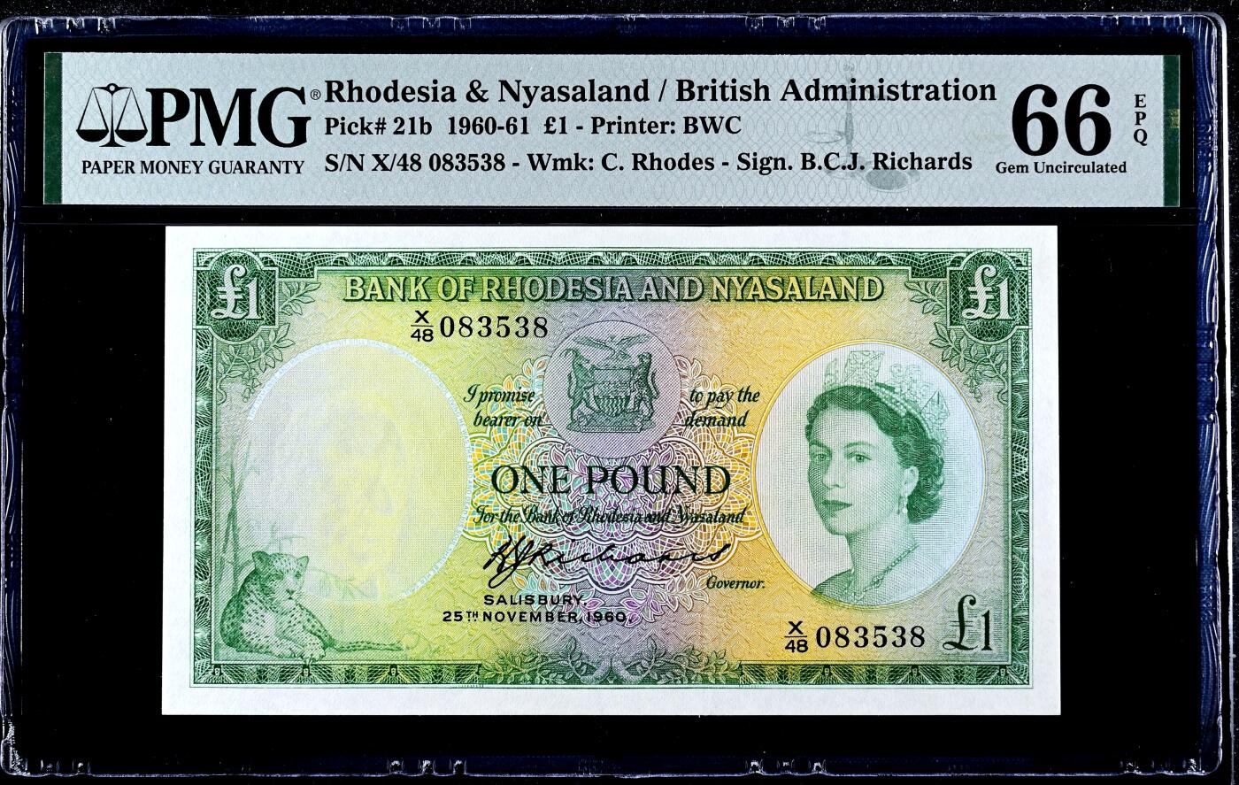 【Blue Auction】世界纸币精拍第744期——18级TOP拍卖/信誉/品质/专业/高效💫  【冠军分 无47  b版目录价更高更少见】罗德西亚和尼亚萨兰 1960年1镑 大冠女王 BWC出品雕刻精美 大津巴布韦遗址 豹子 PMG66EPQ 女王纸币最漂亮的一套之一 定会引来激烈竞价