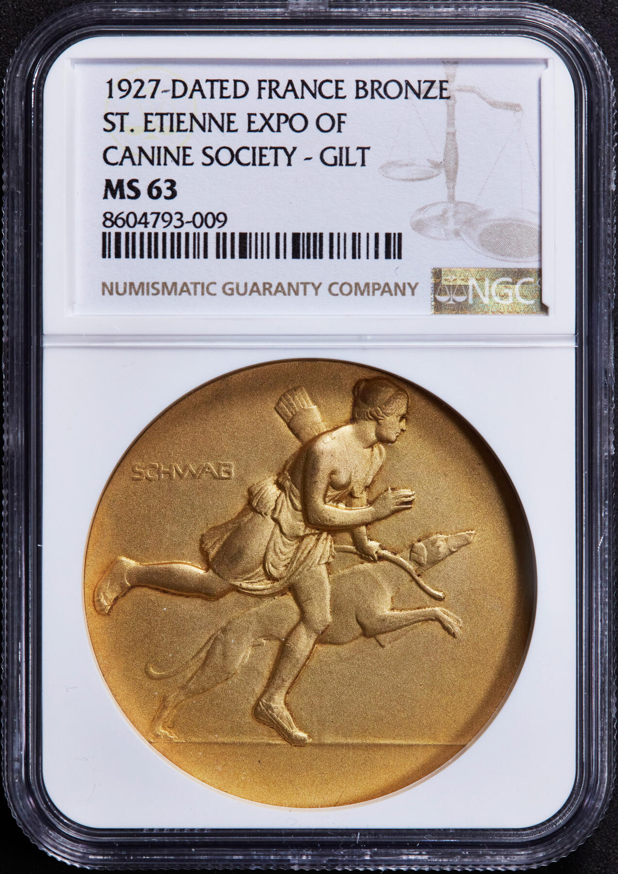 【俄甄集藏】2025年(044)11-12星期三晚 19:30 全场包邮 法国1927年犬科动物协会纪念圣艾蒂安犬业博览会镀金大铜章，NGC MS63，磨砂底板，金水足