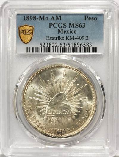 博洋堂世界钱币拍卖第144期（全场包邮） - PCGS MS63 1898年MO AM版墨西哥直边鹰洋1比索，光度底板均远超63分平均水准
