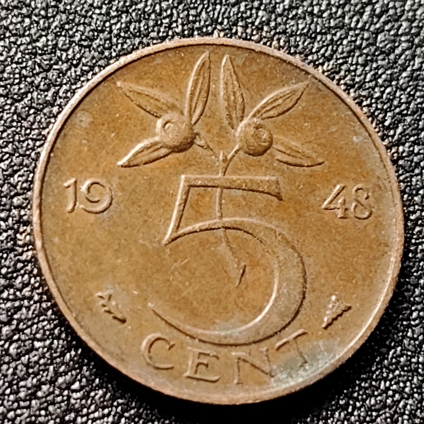 泉币菌-第120场-精品福利场 威廉蒙娜女王 荷兰1948年5分青铜硬币 21毫米 