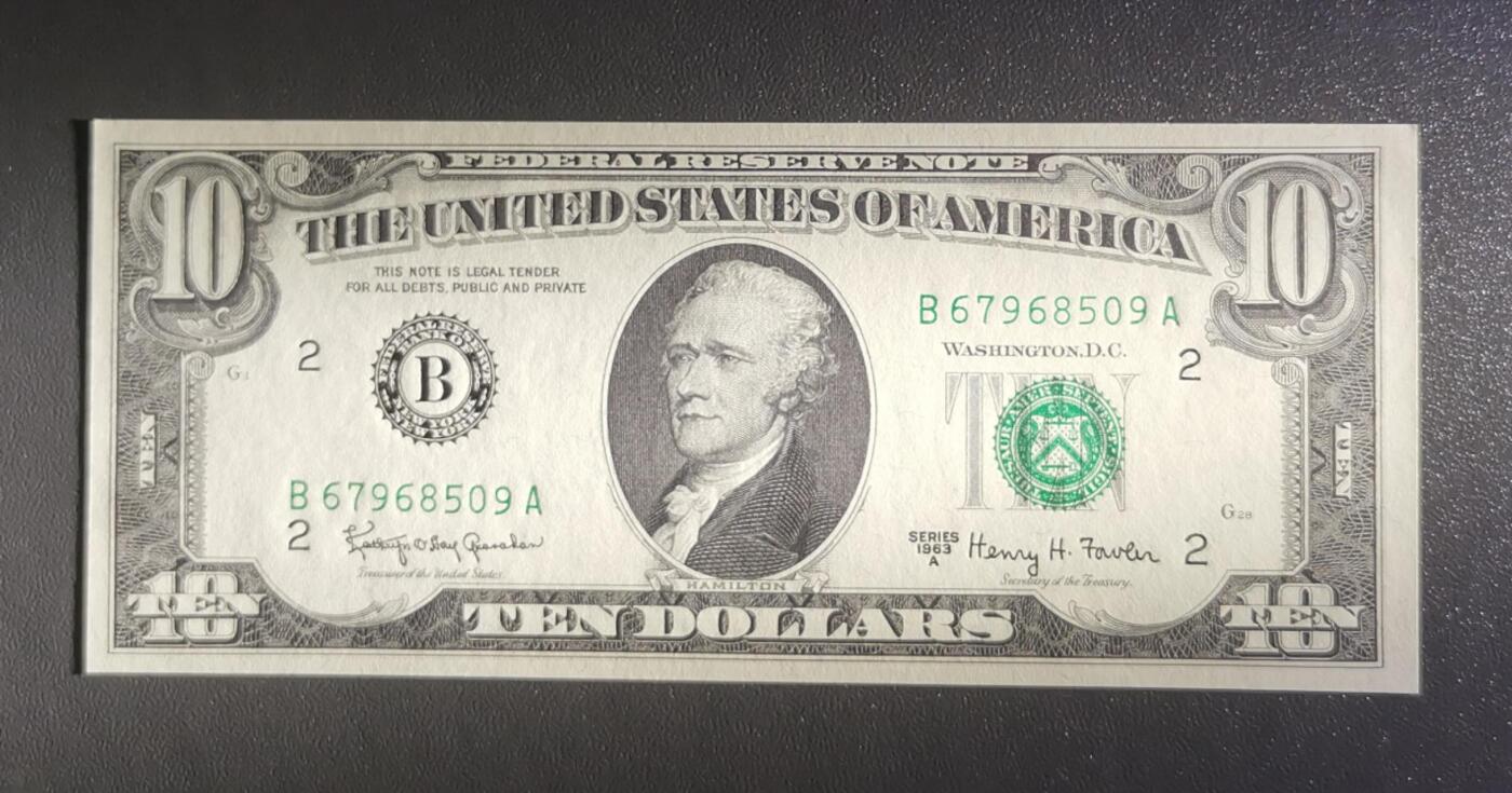 《艾美收藏》第218期-11.2周日外币荟萃 美国1963A版小头10美元UNC无4