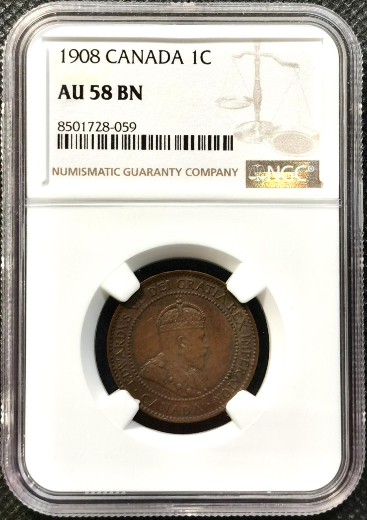 甄臻铺-世界币章拍卖（第37期），送拍享返佣金等优惠多多 NGC-AU58BN 加拿大 1908年 爱德华七世 1分铜币 巧克力色