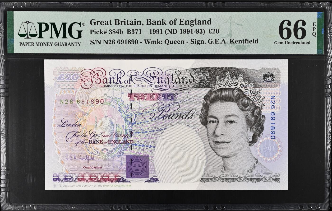 《艾美收藏》第218期-11.2周日外币荟萃 英国E序列初版1991-93年20镑PMG66E倒置691890 Pick#384b皇冠版稀少Kentfield二签