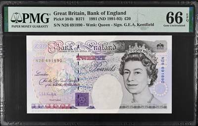 《艾美收藏》第218期-11.2周日外币荟萃 - 英国E序列初版1991-93年20镑PMG66E倒置691890 Pick#384b皇冠版稀少Kentfield二签