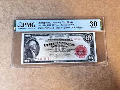 【Blue Auction】世界纸币精拍第744期——18级TOP拍卖/信誉/品质/专业/高效💫 - 菲律宾 1941年10比索 华盛顿头像 PMG30 