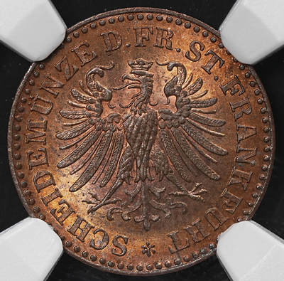 修遠堂世界钱币第九十一期 - NGC MS64RB 1863年法兰克福1 HELLER铜币