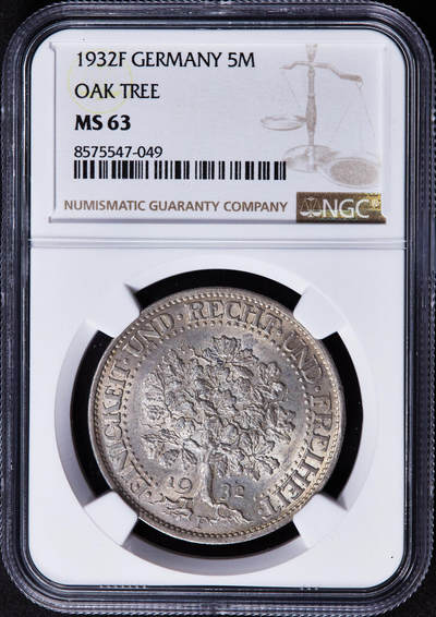 【俄甄集藏】2025年(044)11-12星期三晚 19:30 全场包邮 - 德国魏玛1932年F版橡树5马克大银币，NGC MS63，黄油包浆，原光品相