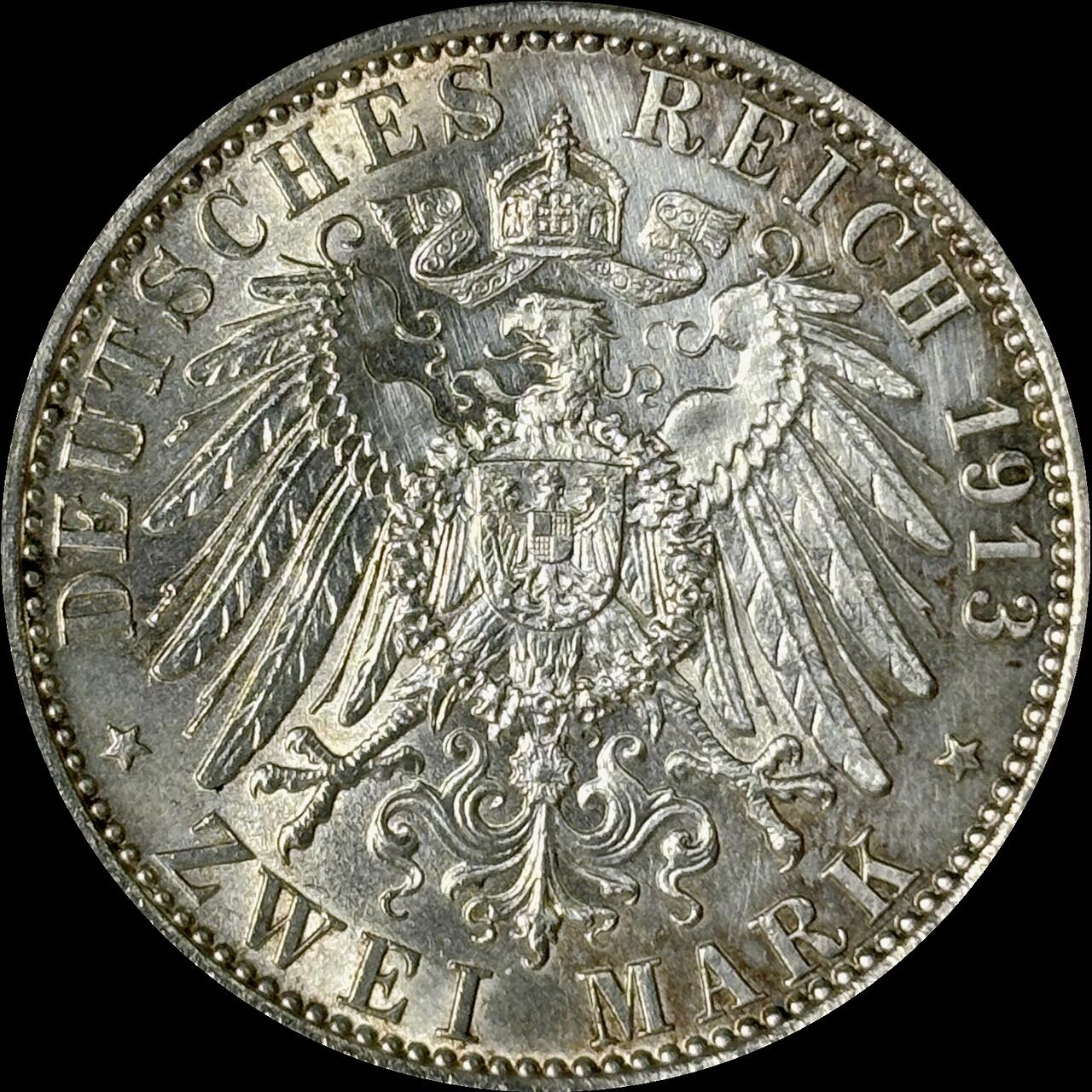 【雨安】【世界币章112-113期】周五/周六 两场连拍 2025-10-31 周五 19:30 保真 8秒倒数自动落锤 高效拍卖  [裸币德国] Germany 德国 帝国 普鲁士 2马克 (1913) 军装花枝 1913年