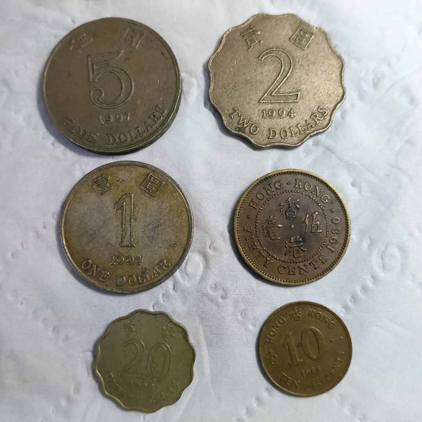6枚香港硬币1毛-5元