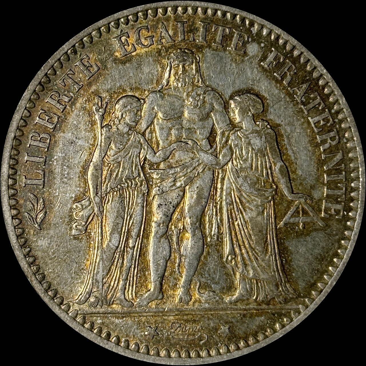 【雨安】【世界币章112-113期】周五/周六 两场连拍 2025-10-31 周五 19:30 保真 8秒倒数自动落锤 高效拍卖  [裸币法国] France 法国 5法郎 KM#0820 (1870-1889) 大力神 1873年