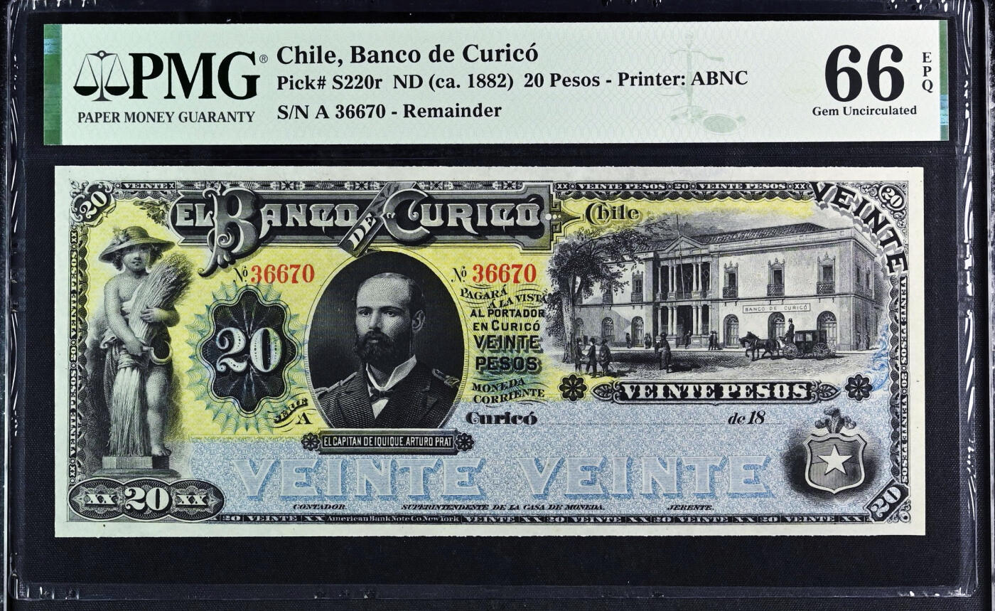 【Blue Auction】世界纸币精拍第744期——18级TOP拍卖/信誉/品质/专业/高效💫 智利 1882年20比索 ABNC出品 双面雕刻精美 裸女 大场景 画面丰富  大票幅 PMG66EPQ 