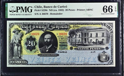 【Blue Auction】世界纸币精拍第744期——18级TOP拍卖/信誉/品质/专业/高效💫 - 智利 1882年20比索 ABNC出品 双面雕刻精美 裸女 大场景 画面丰富  大票幅 PMG66EPQ 