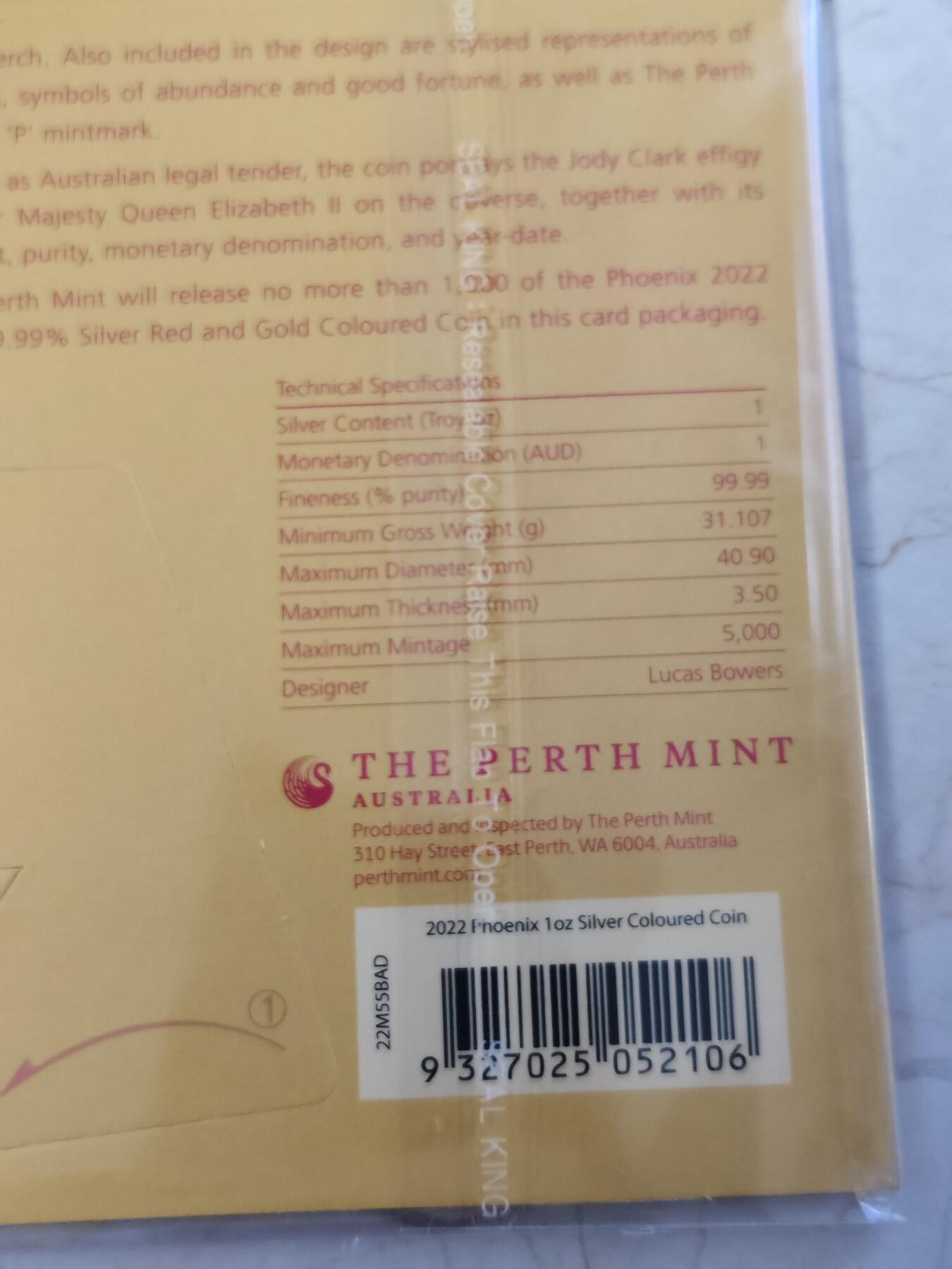 第180期拍卖【长期征集拍品】【北京币展专场】 卡装橙澳大利亚2022年中国神话传说系列凤凰彩色1盎司银币，9999银，发行5000枚