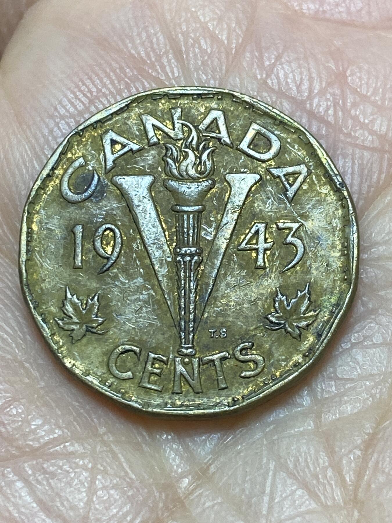 2025年第一百二十场(总第一百四十六场）外国好品散币(免佣金) 加拿大🇨🇦1943年5分(乔治六世第三版，顿巴黄铜材质)