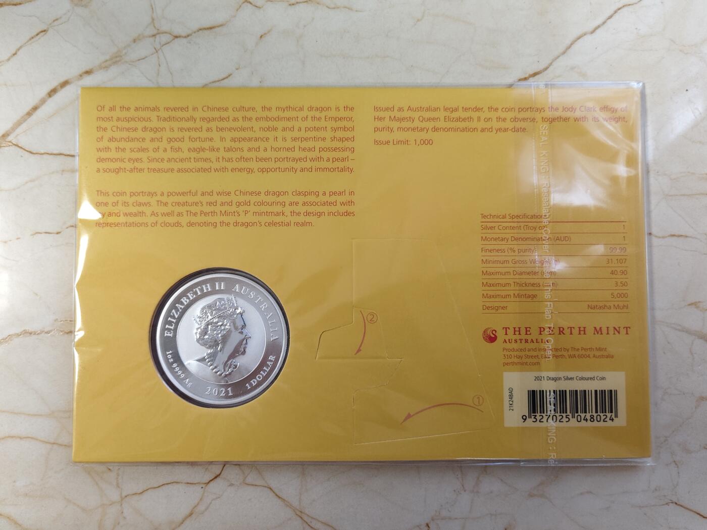 第180期拍卖【长期征集拍品】【北京币展专场】 卡装澳大利亚2021年中国神话传说系列龙彩色1盎司银币，9999银，发行5000枚