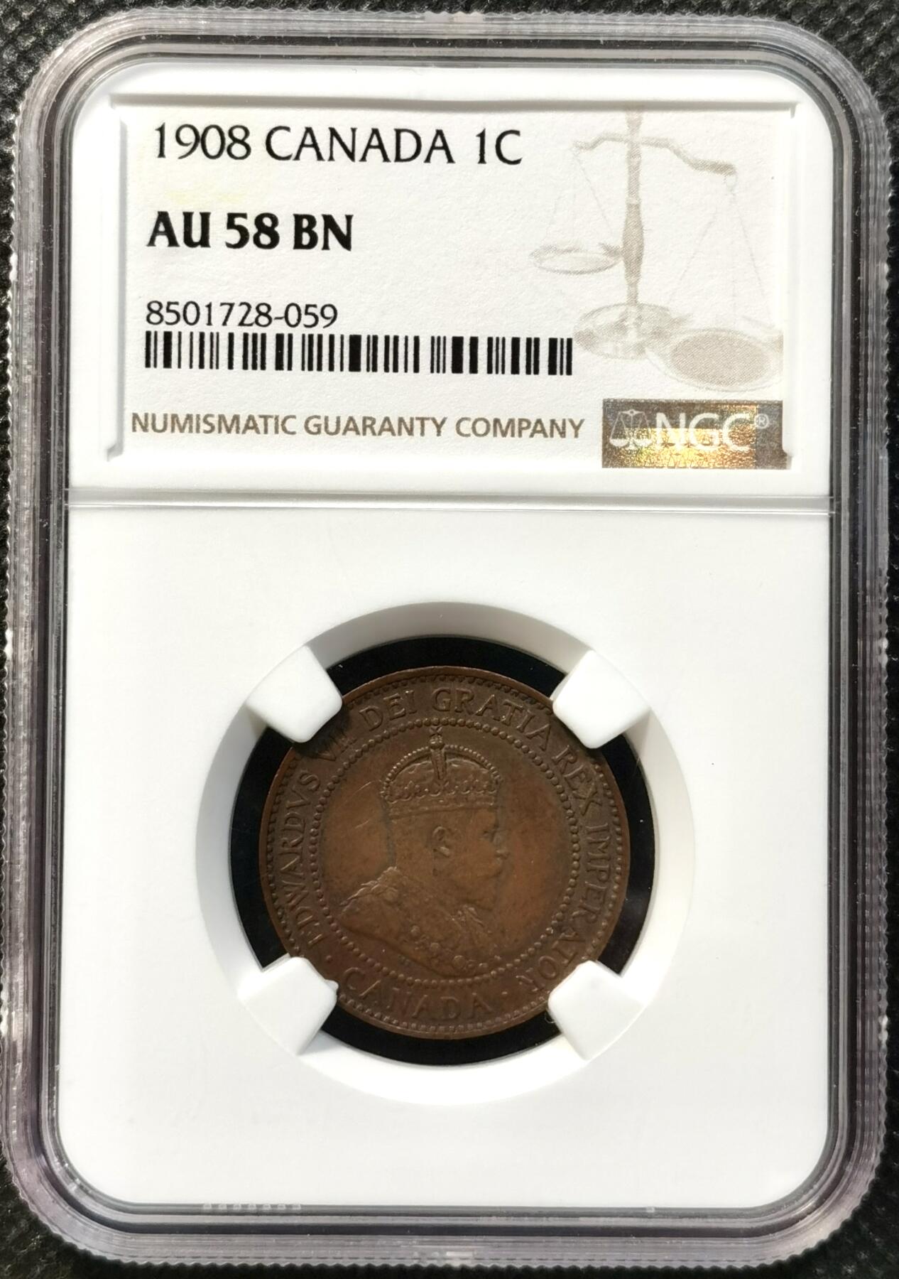 甄臻铺-世界币章拍卖（第37期），送拍享返佣金等优惠多多 NGC-AU58BN 加拿大 1908年 爱德华七世 1分铜币 巧克力色