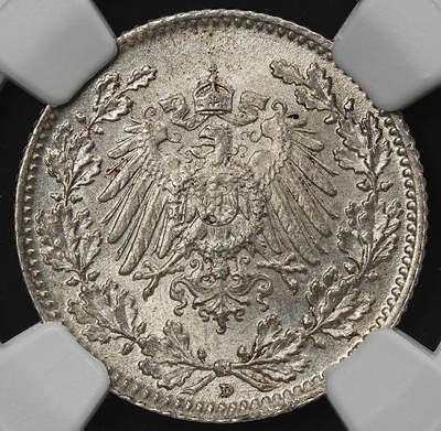 修遠堂世界钱币第九十一期 - NGC MS67 1916年德国1/2马克银币 D厂铭