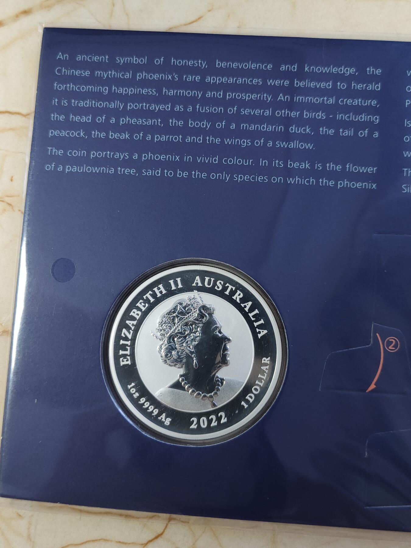 第180期拍卖【长期征集拍品】【北京币展专场】 卡装蓝澳大利亚2022年中国神话传说系列凤凰彩色1盎司银币，9999银，发行5000枚