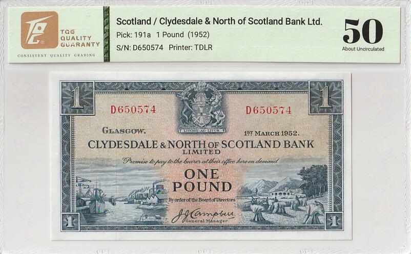2025十一月第一期，总199期 苏格兰克莱斯戴勒和北部银行1952年1镑TQG50分，港口农场和山涧小溪，早期两家银行联合时期发行