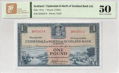 2025十一月第一期，总199期 - 苏格兰克莱斯戴勒和北部银行1952年1镑TQG50分，港口农场和山涧小溪，早期两家银行联合时期发行