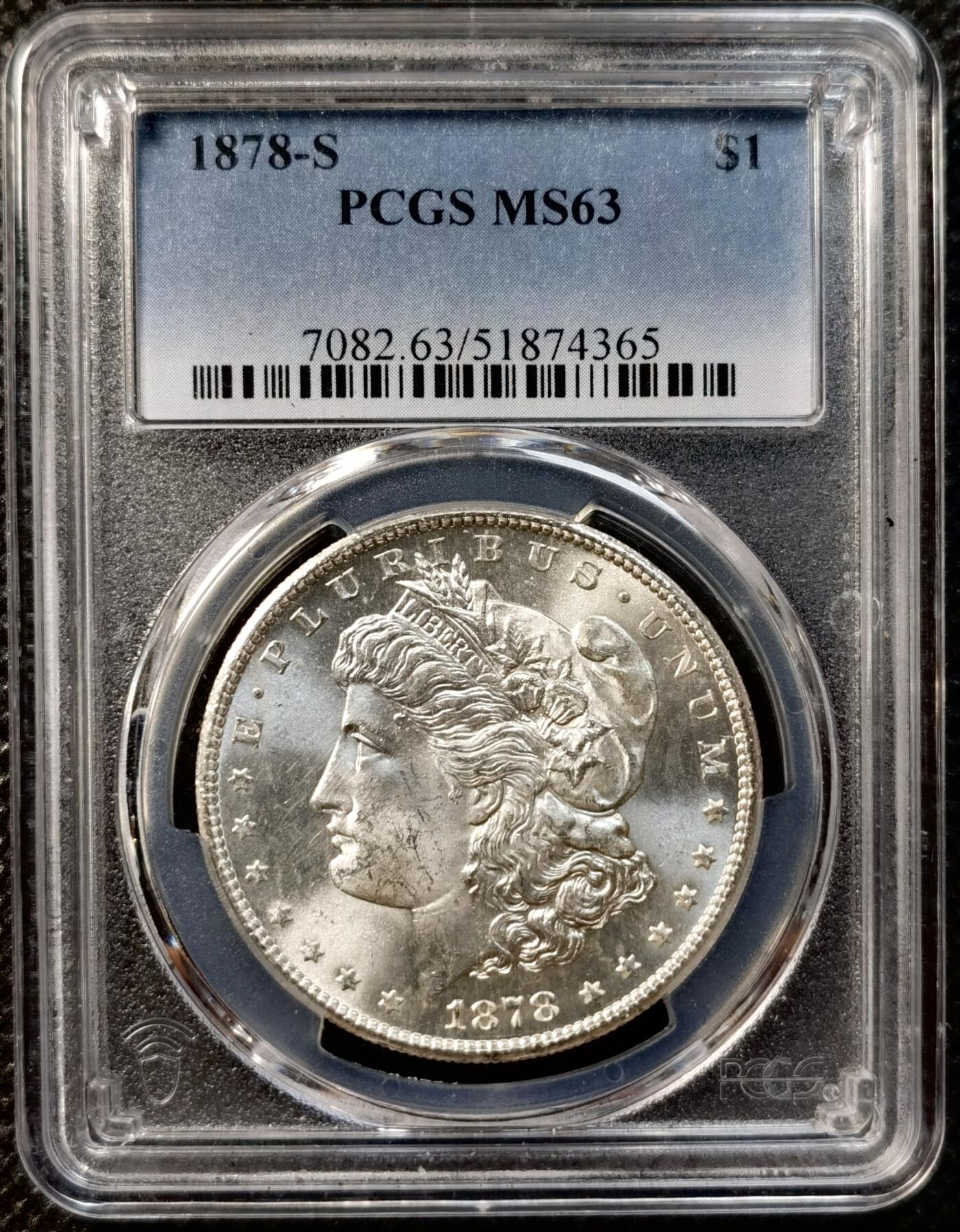 甄臻铺-世界币章拍卖（第37期），送拍享返佣金等优惠多多 PCGS-MS63 1878年S版摩根，摩根首年打制极好，地板PL质感