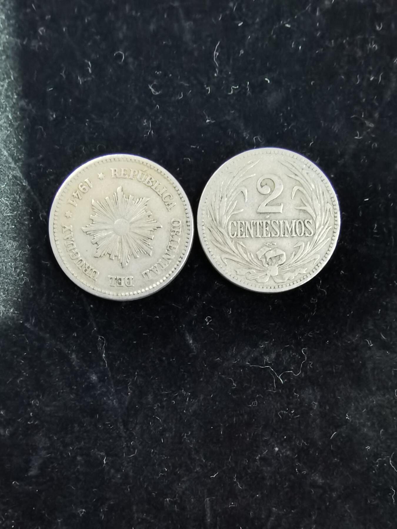 低价出乌拉圭1941年2分铜币，两枚一起出!!