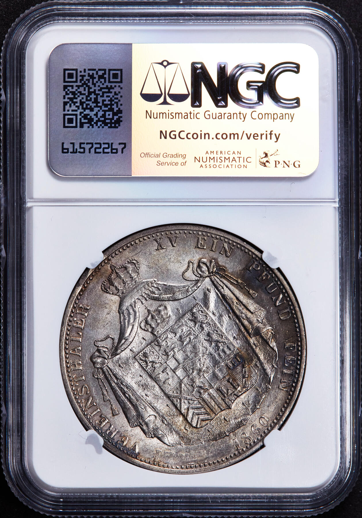 【俄甄集藏】2025年(044)11-12星期三晚 19:30 全场包邮 德国拿骚1860年阿道夫公爵盾徽2泰勒大银币，NGC AUD，细节深打，黄油彩老包浆，稀少品种