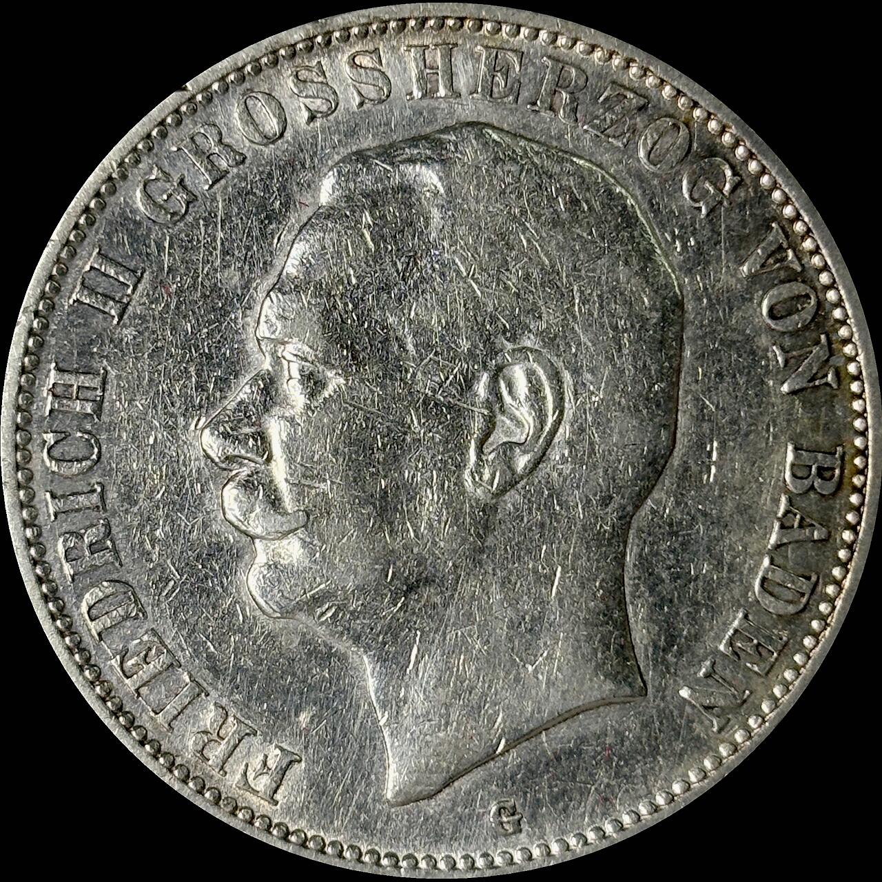 【雨安】【世界币章112-113期】周五/周六 两场连拍 2025-10-31 周五 19:30 保真 8秒倒数自动落锤 高效拍卖  [裸币德国] Germany 德国 帝国 巴登 5马克 弗里德里希二世 1908年