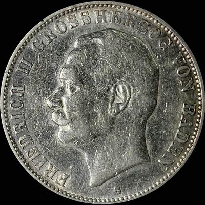 【雨安】【世界币章112-113期】周五/周六 两场连拍 2025-10-31 周五 19:30 保真 8秒倒数自动落锤 高效拍卖  - [裸币德国] Germany 德国 帝国 巴登 5马克 弗里德里希二世 1908年