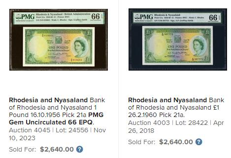 【Blue Auction】世界纸币精拍第744期——18级TOP拍卖/信誉/品质/专业/高效💫  【冠军分 无47  b版目录价更高更少见】罗德西亚和尼亚萨兰 1960年1镑 大冠女王 BWC出品雕刻精美 大津巴布韦遗址 豹子 PMG66EPQ 女王纸币最漂亮的一套之一 定会引来激烈竞价