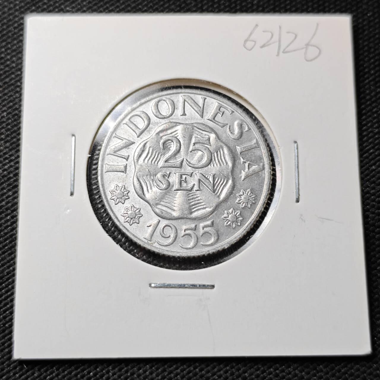 KK钱币收藏小铺  第362场  2月预留时间 周末发货  1955印度尼西亚25仙