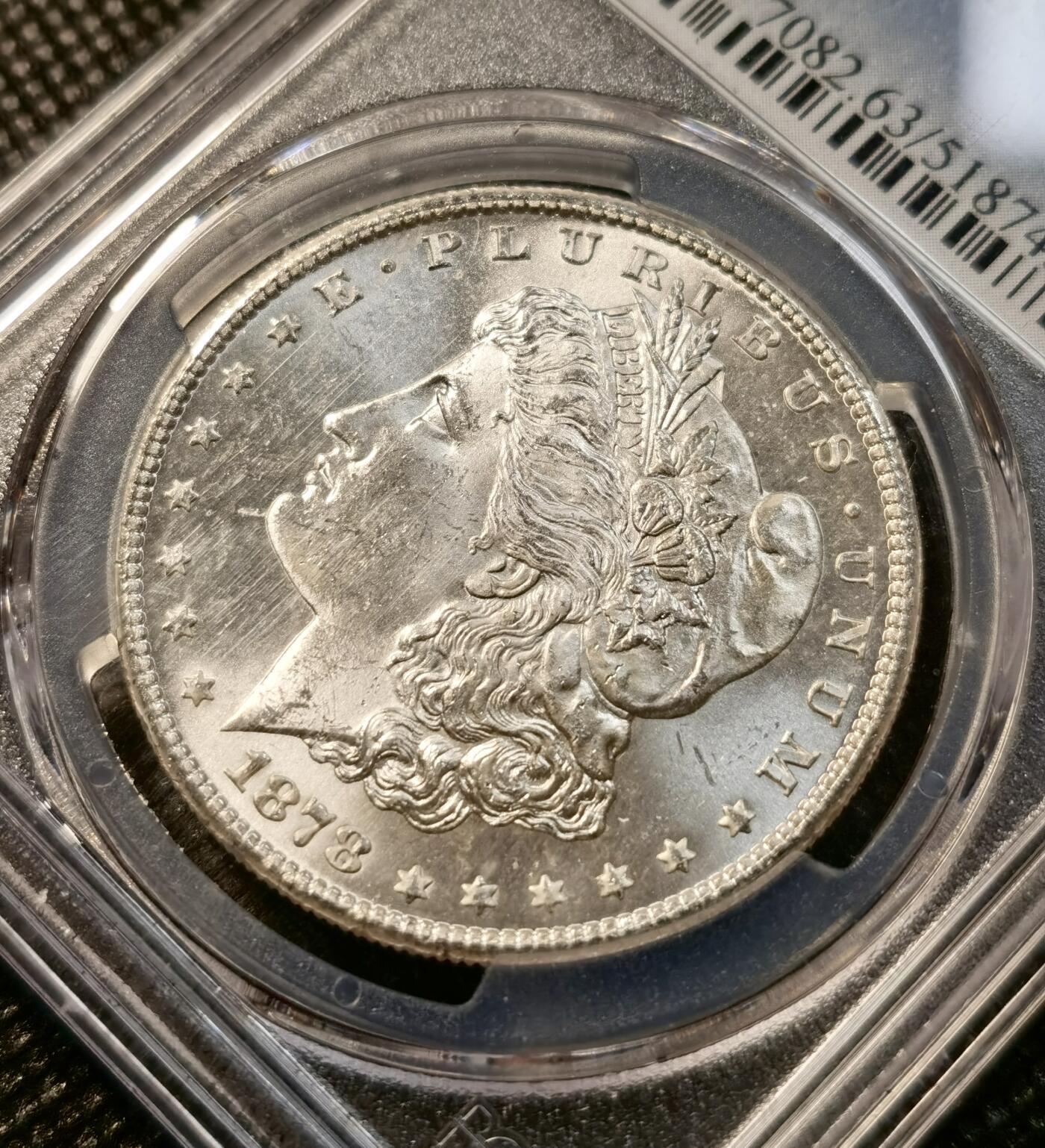 甄臻铺-世界币章拍卖（第37期），送拍享返佣金等优惠多多 PCGS-MS63 1878年S版摩根，摩根首年打制极好，地板PL质感