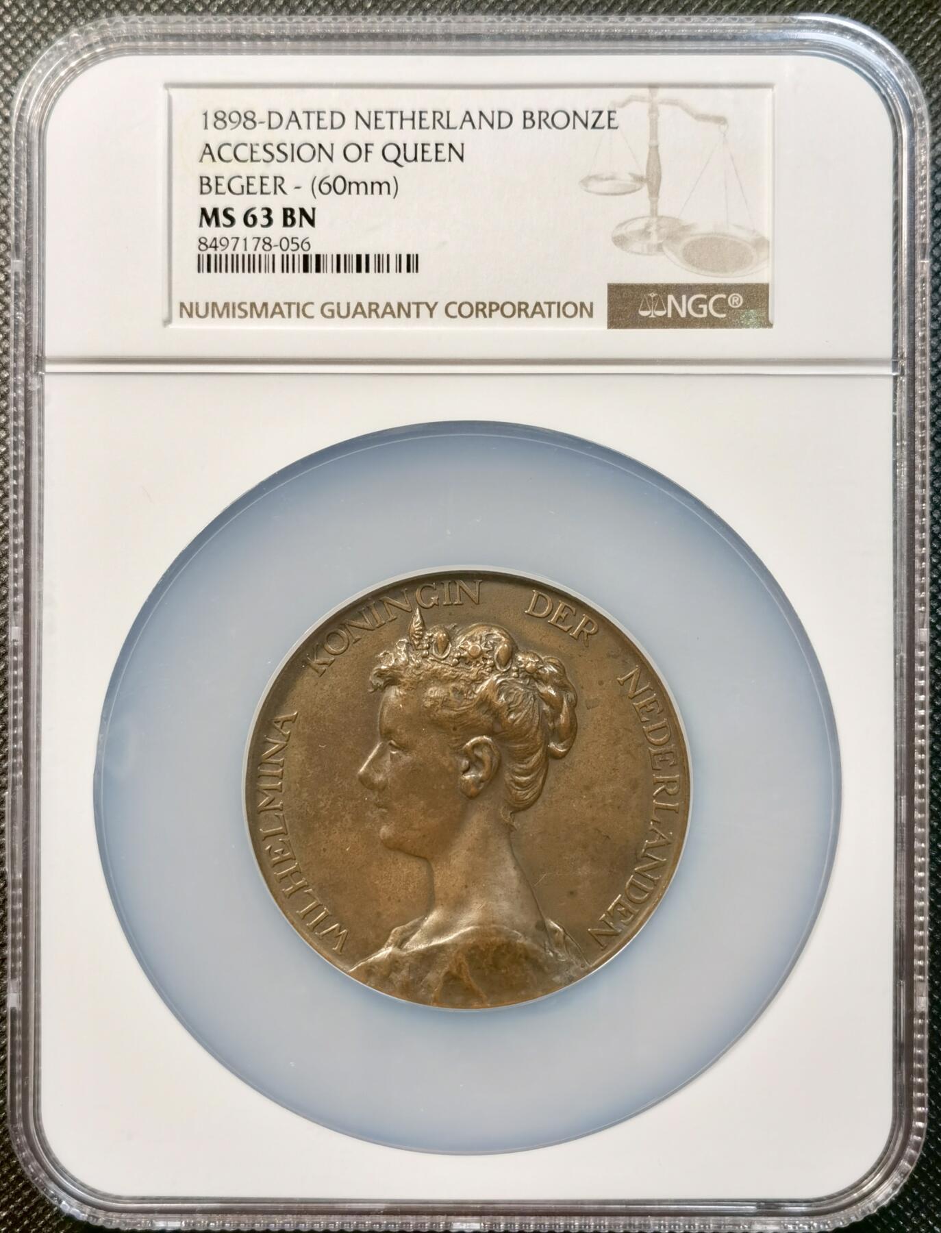 甄臻铺-世界币章拍卖（第37期），送拍享返佣金等优惠多多 NGC-MS63BN荷兰1898年威廉敏娜女王登基纪念大铜章 60mm高浮雕工艺精美 品相完好 包浆自然 狮子形态传神