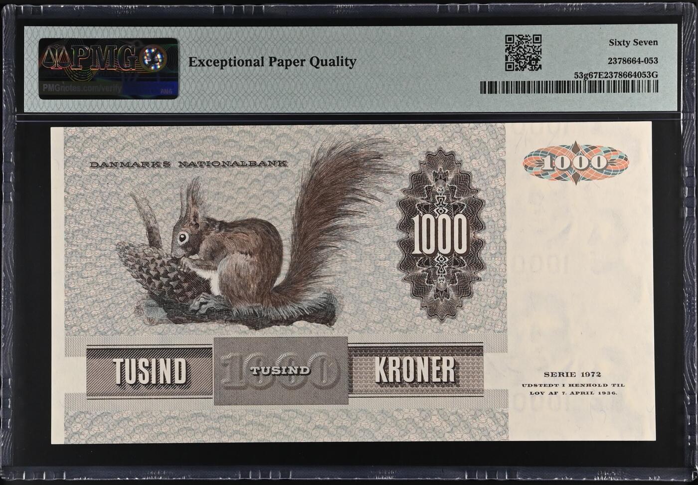 《艾美收藏》第218期-11.2周日外币荟萃 丹麦1992年1000克朗最高值PMG67E高分 名誉品大松鼠 顶级雕刻 栩栩如生 Pick#53g