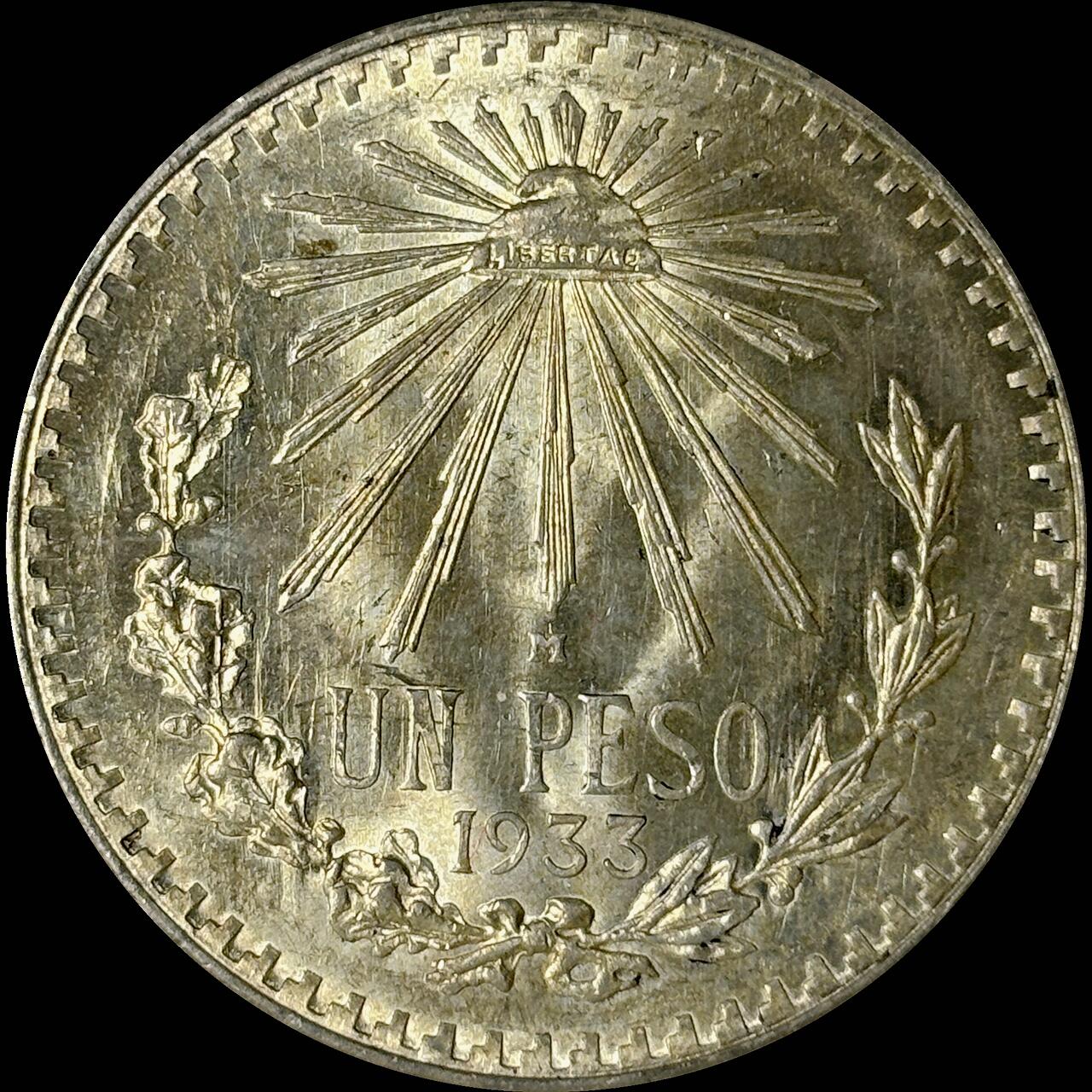 【雨安】【世界币章112-113期】周五/周六 两场连拍 2025-10-31 周五 19:30 保真 8秒倒数自动落锤 高效拍卖  [裸币各国] Mexico 墨西哥 1比索 1933年 KM# 455 [16.66 g., 0.720 Silver]