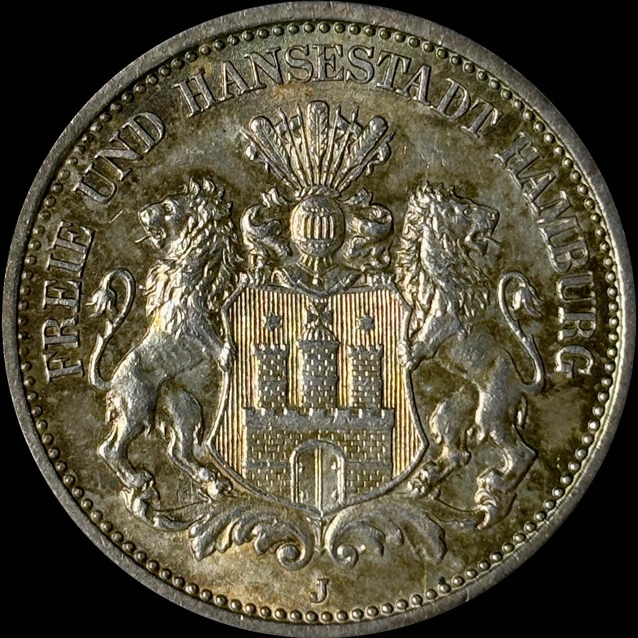 【雨安】【世界币章112-113期】周五/周六 两场连拍 2025-10-31 周五 19:30 保真 8秒倒数自动落锤 高效拍卖  [裸币德国] Germany 德国 帝国 汉堡 2马克 1907年 UNC细节, 五彩包浆