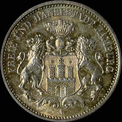 【雨安】【世界币章112-113期】周五/周六 两场连拍 2025-10-31 周五 19:30 保真 8秒倒数自动落锤 高效拍卖  - [裸币德国] Germany 德国 帝国 汉堡 2马克 1907年 UNC细节, 五彩包浆