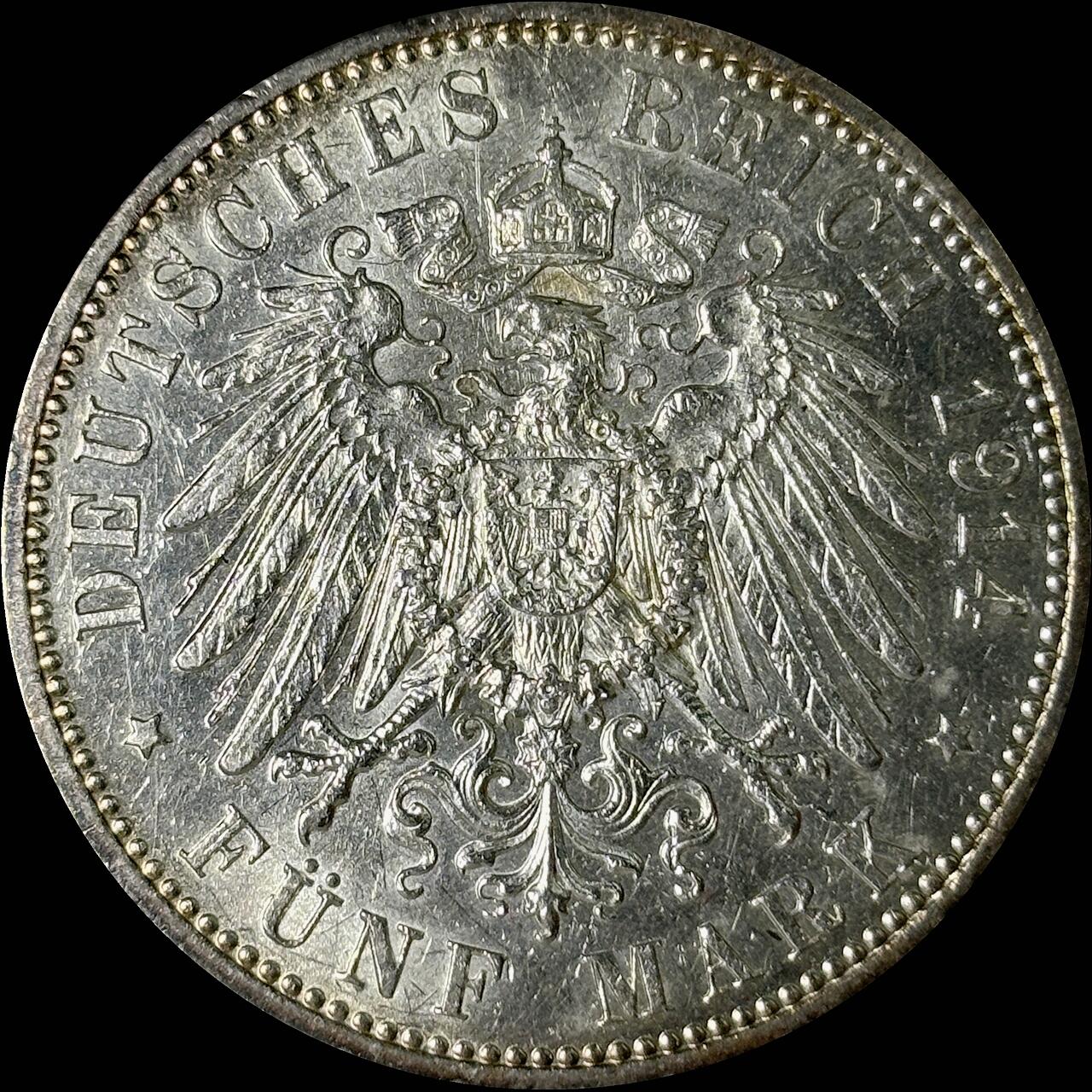 【雨安】【世界币章112-113期】周五/周六 两场连拍 2025-10-31 周五 19:30 保真 8秒倒数自动落锤 高效拍卖  [裸币德国] Germany 德国 帝国 普鲁士 5马克 (1913-1914) 军装 1914年