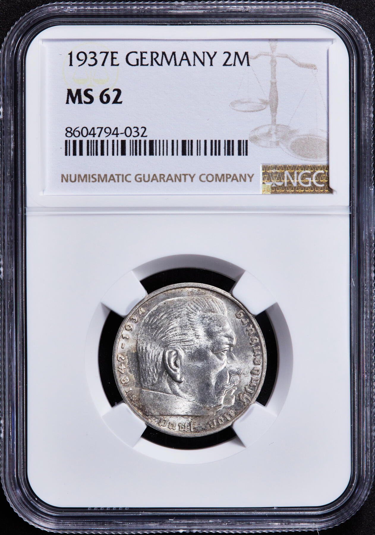 【俄甄集藏】2025年(044)11-12星期三晚 19:30 全场包邮 德国第三帝国1937年E版2马克银币，NGC MS62，转光品相，原图联系客服