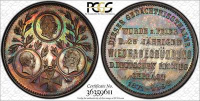 博洋堂世界钱币拍卖第144期（全场包邮） - PCGS SP66 PCGS冠军分，官网封面品种，梦幻五彩包浆 1896年德意志第二帝国普法战争胜利25周年纪念五彩银章 威廉一世居功至伟 左俾斯麦右老毛奇左膀右臂经典辅助 极其完美的五彩包浆，非常强的镜面效果，19世纪末德系精工的典范之作