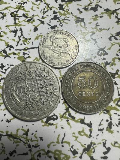 外国钱币，章 新西兰，英属海峡银币，3枚，0.5成银，27.6g