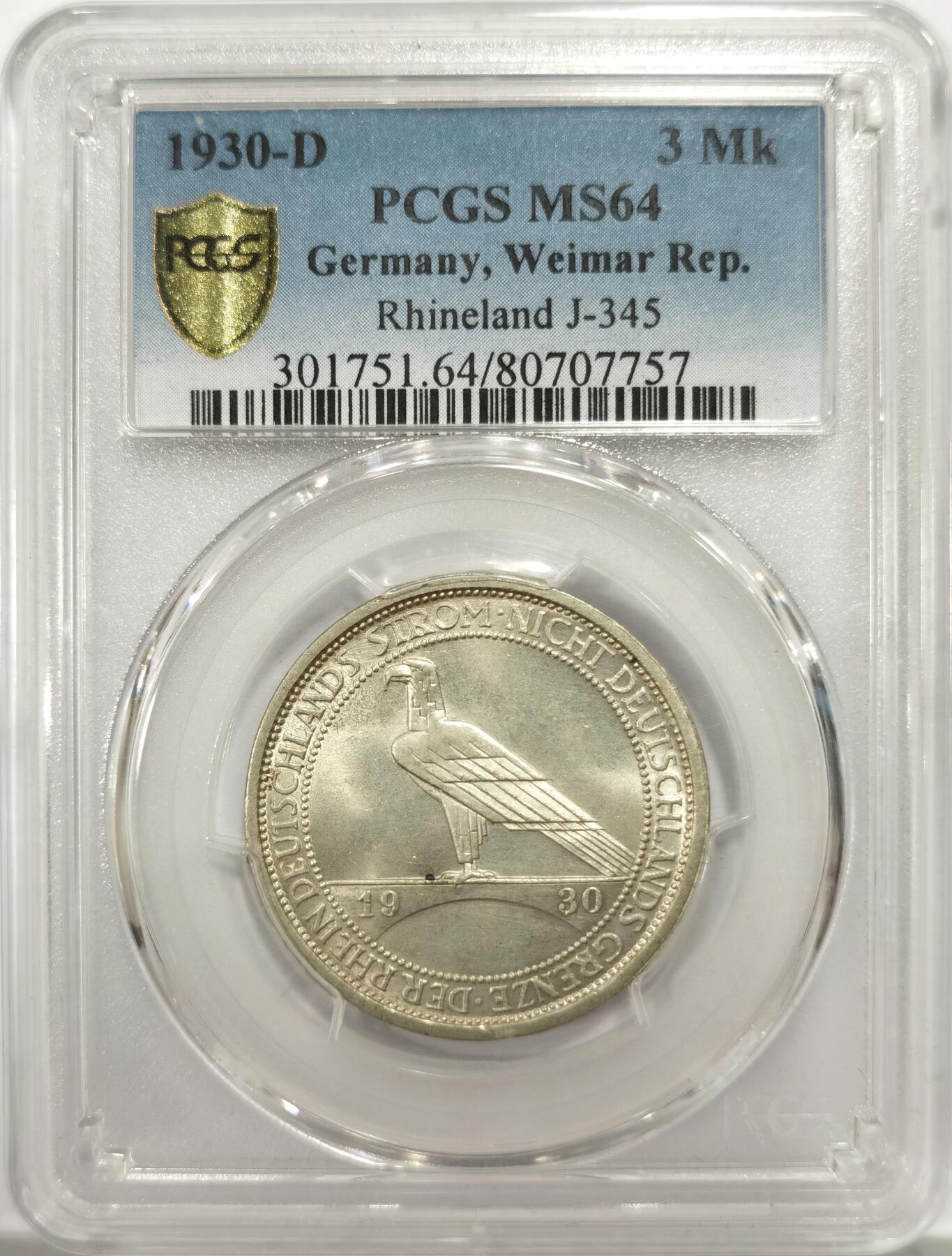 博洋堂世界钱币拍卖第144期（全场包邮） PCGS MS64 德国魏玛共和国1930年莱茵解放3马克银币