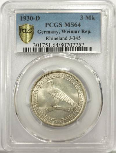 博洋堂世界钱币拍卖第144期（全场包邮） - PCGS MS64 德国魏玛共和国1930年莱茵解放3马克银币